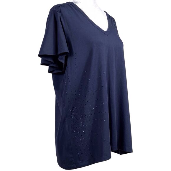Chico’s Touch of Cool Navy V-Neck Flutter Sleeve Embellished Top Size 3 (XL) - Picture 9 of 16